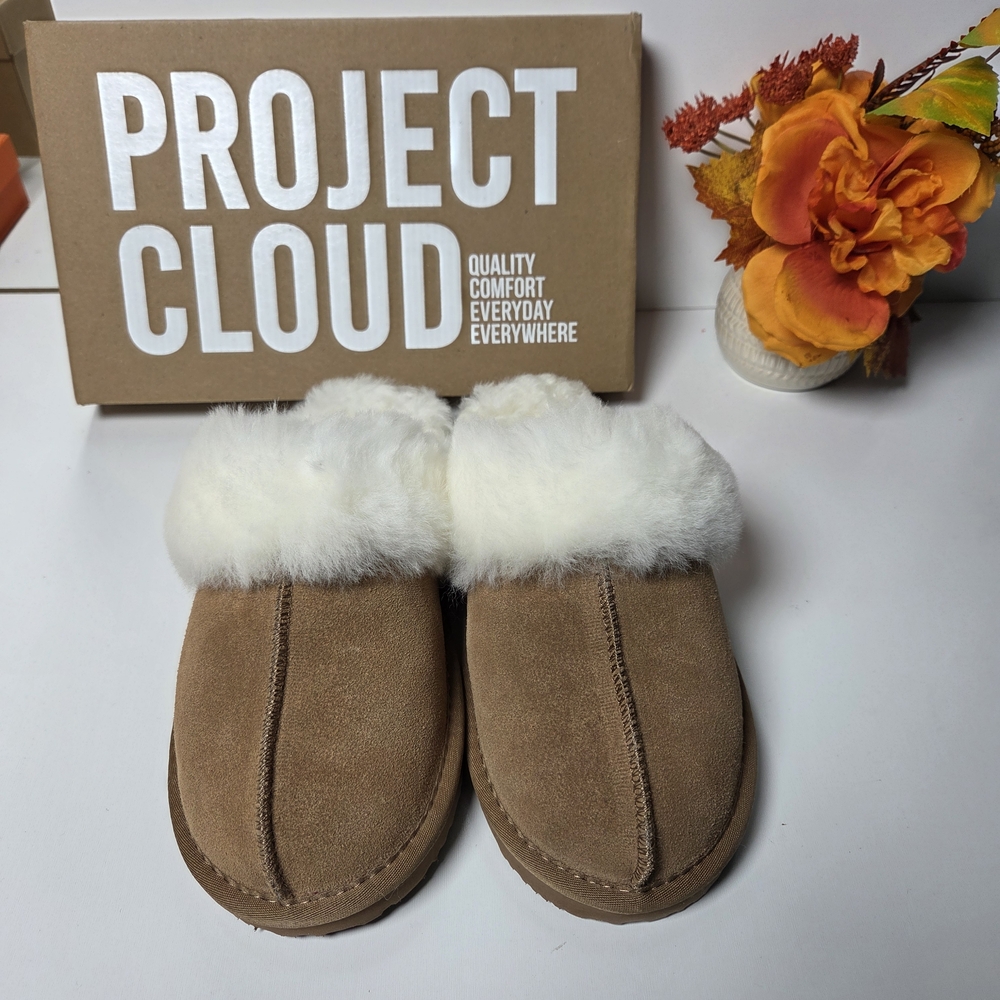 Project Cloud Women's Tan Suede Mules with White Fur